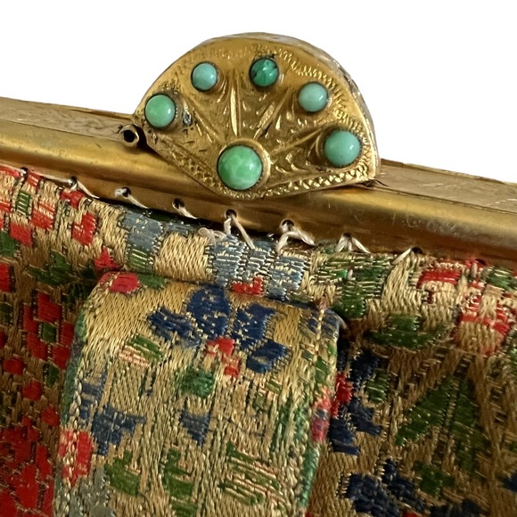 Vintage Floral Tapestry Clutch Bag Gemstone Closure with Original Compact Mirror - Picture 15 of 15